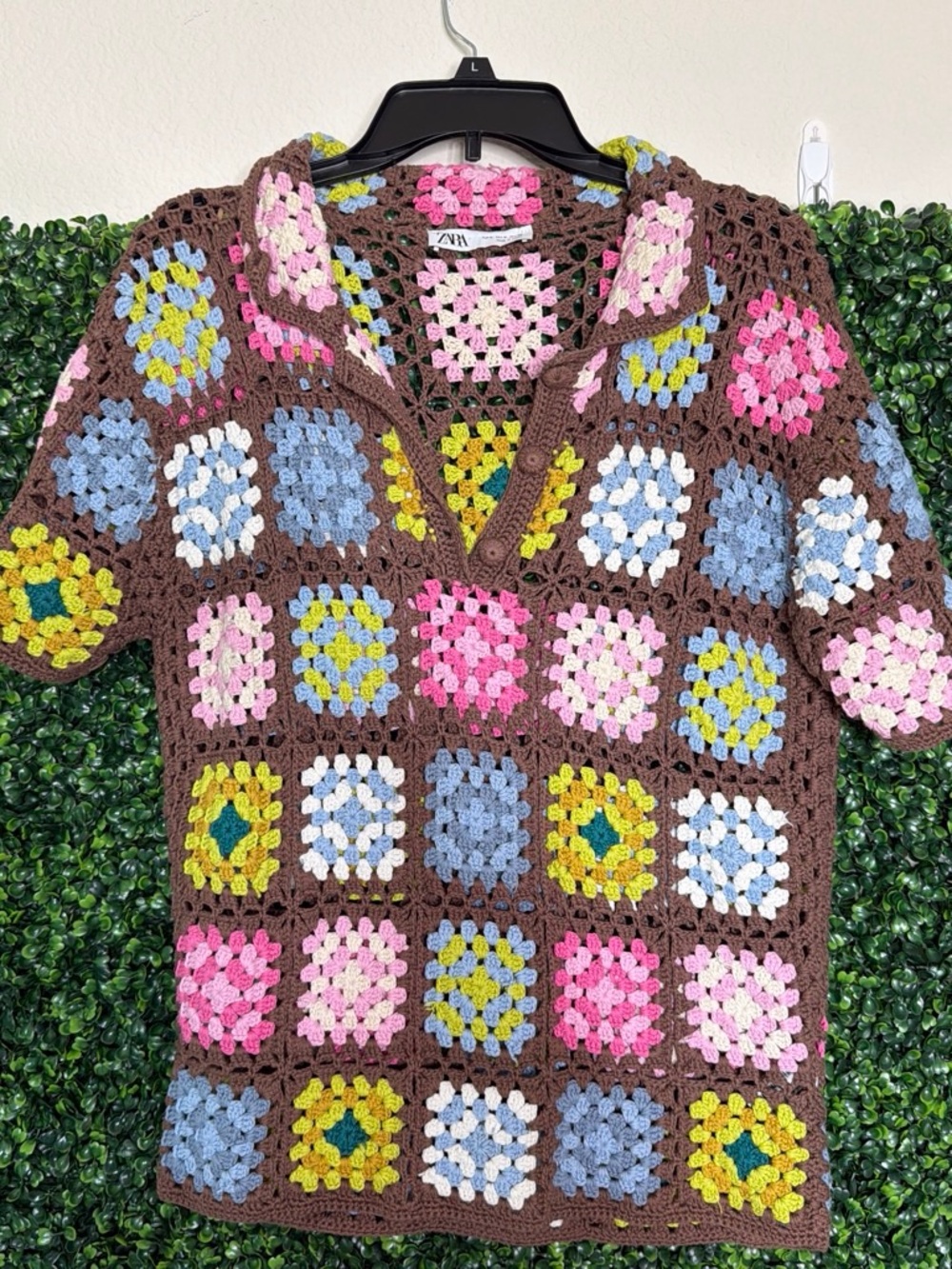 Zara Kids Brown Crochet Granny Square Polo Top with Multicolor Accents
